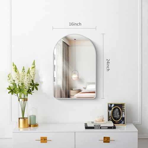 Image of FORBATH Arched Bathroom Mirror 16x24 Inch, Silver Bathroom Mirror Wall Mounted Modern Aluminum Alloy Frame Arch Mirror for Bedroom Living Room Entryway, Hanging or Leaning Against Wall