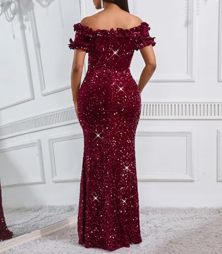 Image of dasmzper Women Sexy Sequin Off Shoulder Ruffle Short Sleeve Bodycon Mermaid Party Formal Evening Maxi Dress