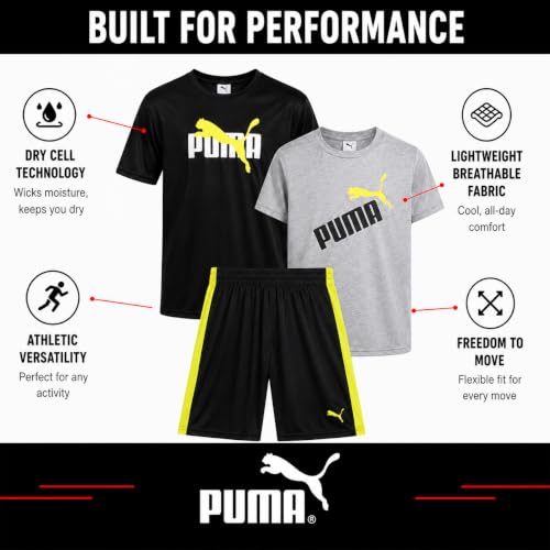 Image of PUMA Boys Active Shorts Set - 3 Piece Performance T-Shirt, Dry Fit Tank Top, and Gym Shorts - Activewear Set for Boys (4-16)