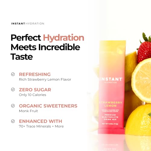 Image of Instant Hydration Sugar Free Electrolytes Powder Packets - Strawberry Lemon Electrolyte Drink Mix & Travel Essentials - Post Workout Recovery, Brain Health, Muscle & Tissue Support - 20 Sticks