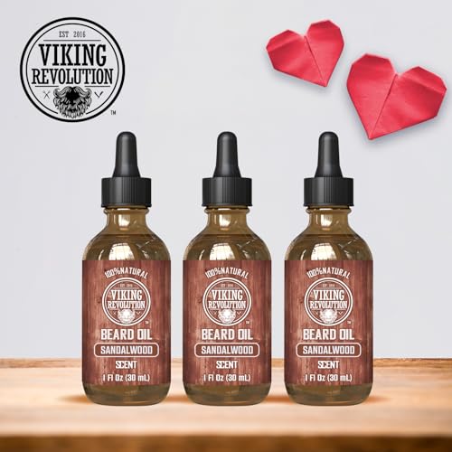 Viking Revolution Sandalwood Beard Oil for Men - Natural Mens Beard Oil with Argan Oil and Jojoba Oil - Beard Softener, Strengthens and Moisturizes - Beard Conditioner for Men (Sandalwood, 3 Pack)