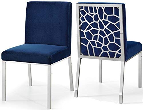 Meridian Furniture Opal Collection Modern | Contemporary Velvet Upholstered Dining Chair With Sturdy Metal Legs And Metallic Geometric Design, Set Of 2, Navy, 20" W X 24" D X 39.5" H #TOP30