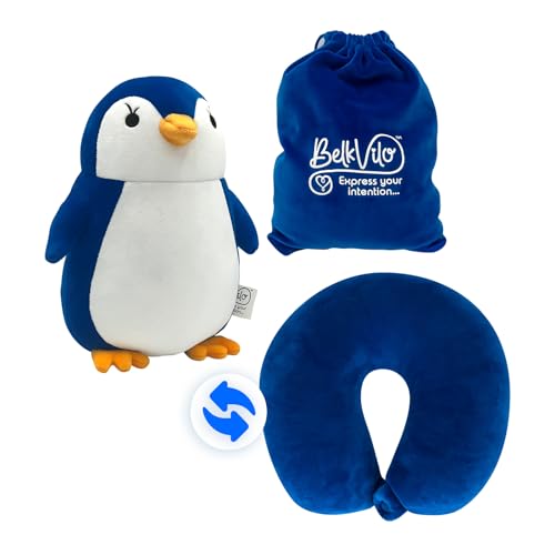 BelkVilo 2-in-1 Penguin Travel Pillow for Kids (Small, 9”), Soft Neck Pillow for Toddlers, Extra-Soft Plush
