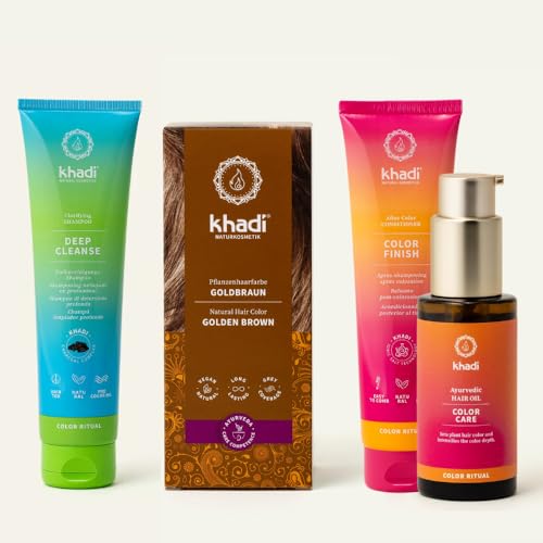 khadi Pflanzenhaarfarben ColorCycle Bundle – GOLDBRAUN Pflanzenhaarfarbe + Deep Cleanse Shampoo + Color Finish Conditioner + Color Care Haaröl