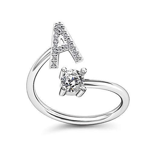 Image of HUJUON Silver Initial Letter Ring for Women. Adjustable Crystal Alphabet Ring,Name Initials Stackable Knuckle Rings A-Z CZ Open Ring