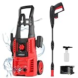 Electric Pressure Washer, 1850 PSI Max,1.0 GPM, 5' Wheels, 18M Cord/Hose Length Max, Power Washer for Patio, Car, Driveway, Fence & Home Cleaning
