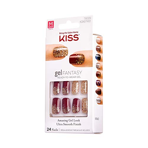 Kiss (1) Pack Gel Fantasy Ready-To-Wear Gel Nails 24pc - Burgundy with Gold Glitter & Confetti - Medium Length Square Shape - Rush Hour #76029