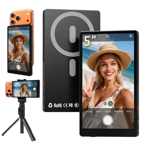 5' Large Vlog Selfie Monitor Screen for iphone17, 4K 2600mAh, No Latency, 90feet Signal Range, Wireless Back Camera Monitor for iPhone & Android, Sync Rear Camera for Live Stream&TikTok