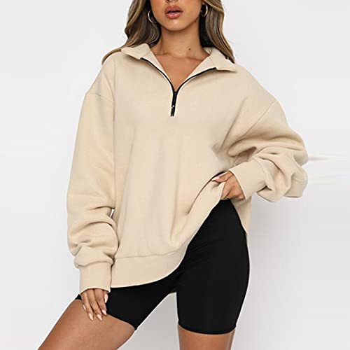 SAFRISIOR Women’s Oversized Half Zip Sweatshirt Drop Shoulder Long Sleeves Collar Quarter 1/4 Zipper Pullover Apricot - Image 3