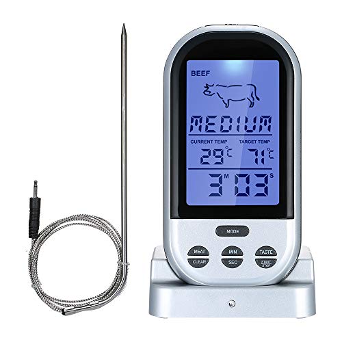 Cucudy Termômetro de carne sem fio com sonda Display LCD com função de contagem regressiva da luz de