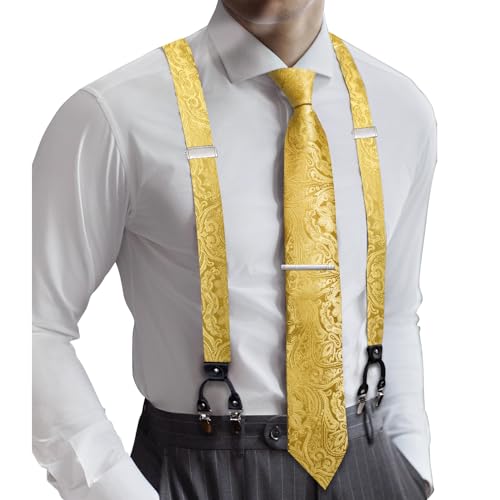 Image of Barry.Wang Men Suspender Set with Necktie Elastic Y Type Heavy Duty 6 Clips Braces Tie Handkerchief Cufflink Pin 6PCS