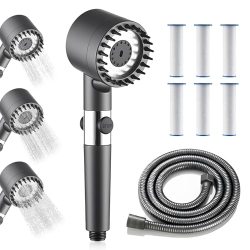 Alcachofa de Ducha Alta Presion, Antical Alcachofa Ducha con Manguera de 1.5M & 6 cartuchos reemplazables, 3 Modos, botón de parada instantánea, Agua Dura y Eliminación de Cloro Residual (Gris)