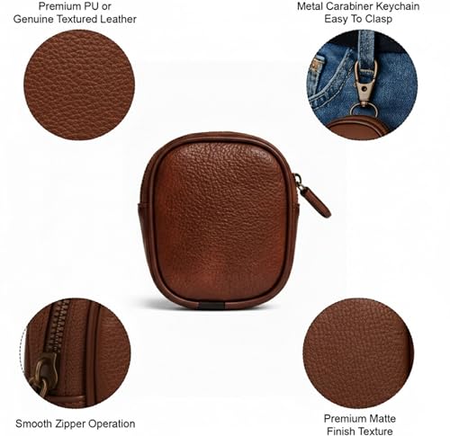 Image of AJM PU Leather Universal Zipper Pouch with Metal Hook | Earbuds, Coins, Keys, USB Cable & Charger Storage Case | Compact Travel Organizer Keychain Pouch (Light Brown)