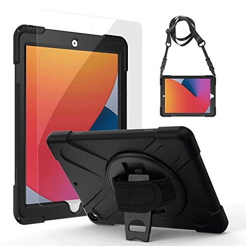 Gerutek iPad 10.2 8th / 7th Generation Case with 9H Temper Glass Screen Protector, Rotating Kickstand, Hand/Should Strap, Heavy Duty Shockproof Full Body Drop Protective Case for iPad 10.2, Black