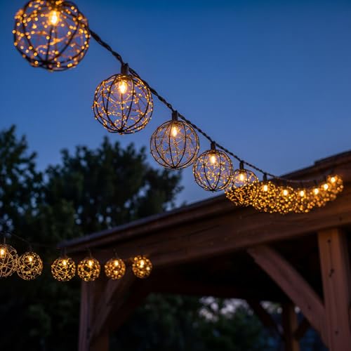 Image of Outdoor Patio String Lights, 8.5FT 10 LED Beaded Copper Wire Ball Lights, Connectable Weather-Resistant Decorative Lights for Pergola, Porch, Bedroom, Backyard & Party