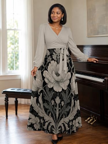 Image of PinkPatty Plus Size Dresses for Curvy Women V Neck Flowy Long Sleeves Wrap Maxi Dress Travel Vacation Outfits