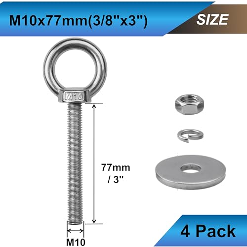 Image of 4 Pack M10 Eye Bolts with Nuts, 304 Stainless Steel 3 /8 inch x 3 inch Heavy Duty Lifting Eye Bolts, Metric M10x77mm Ring Eye Bolt for Hanging, Tie Down, Outdoor & Hardware Fixing (4, 3 /8 inchx3 inch)