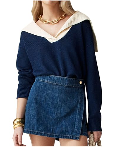 Women Sailor Collar Pullover Sweater Long Sleeves V-Neck Knitted Tops 2024 Fall Vintage Wool-Blend Sweater