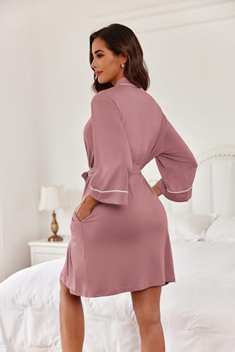 Image of Ekouaer Women Kimono Robes Knee Length Knit Bathrobe Lightweight Soft Sleepwear V-neck Casual Ladies Loungewear