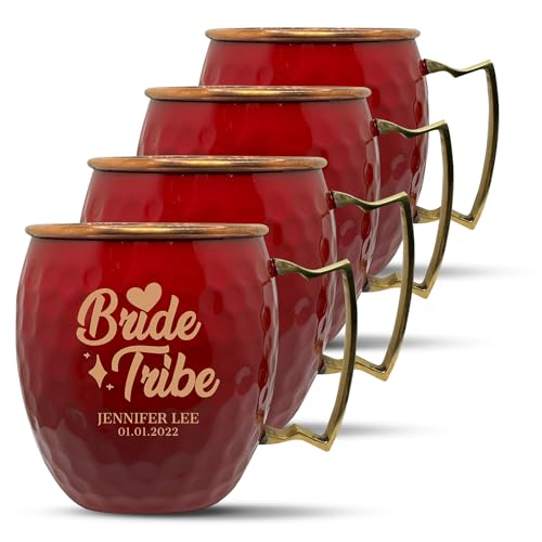 Custom Copper Moscow Mule with Hammered Painted Finish - Engraved Bar Style 100% Copper Cup with Personalized Bride Tribe Monogram Wedding Themed Engraving, Brass Handle | 18 oz, Red | Set of 4