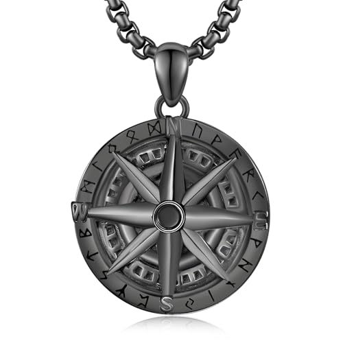KINGWHYTE Compass Necklace S925 Sterling Silver Viking Rune Compass Pendant Nordic Pagan Jewelry Gifts for Men With Stainless Steel Chain-22+2inch(Black Gold)