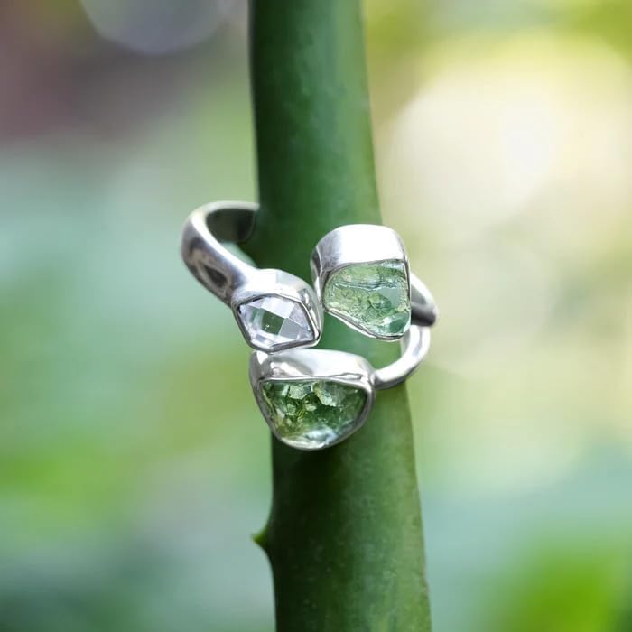 Real Crystal Moldavite Herkimer Diamond Ring Sterling Silver Prong Design Czech Republic Herkimer Moldavite Ring For Women Jewelry ldeal Gift For Her - Image 2