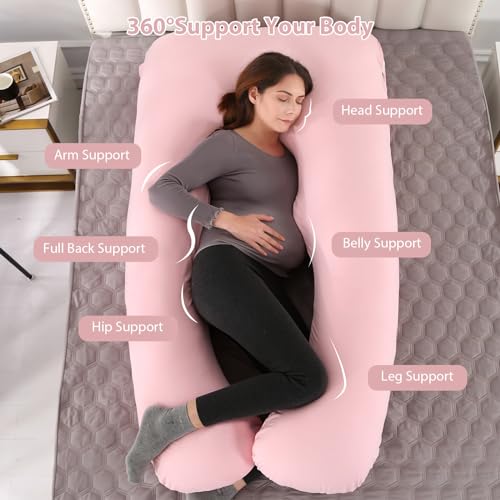 Image of Amagoing Pregnancy Pillow, 57 Inch U Shaped Maternity Full Body Pillow for Sleeping, Support for Women with Hip, Leg, Back Pain, Washable Jersey Cover, Gift for Pregnant Women (Pink)