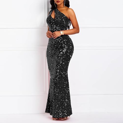Cololura Women Sequin Elegant Sexy One Shoulder Tassel Mermaid Bodycon Cocktail Evening Dress2