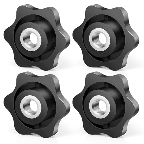 Bykonh 1/4-20 Knob 6 Star Knobs, Plastic Hand-Tighten Thumb Nuts, Hex Head Knurled Grip Female Thread Through Hole Clamping Screw-On Thru Knobs, Zinc Plated Carbon Steel, Black, 4 PCS