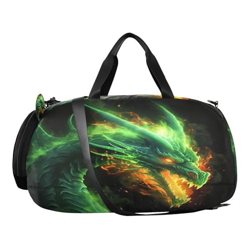YETTASBIN Sport Travel Duffel Bag for Girls Boys, Green Fire Dragon Large Waterproof Weekender Overnight Bag, Detachable Shoulder Strap Gym Bag with Shoe Compartment & Wet Pocket2