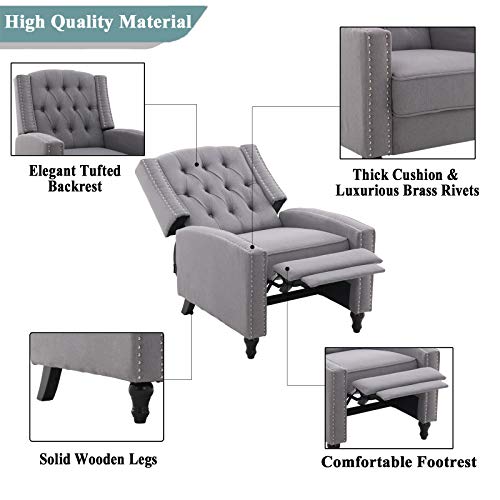 Artechworks Tufted Fabric Pushback Manual Recliner Chair For Living Room - Single Sofa Home Theater Seating- Comfortable Bedroom & Living Room Chair Reclining Sofa, Grey #TOP5