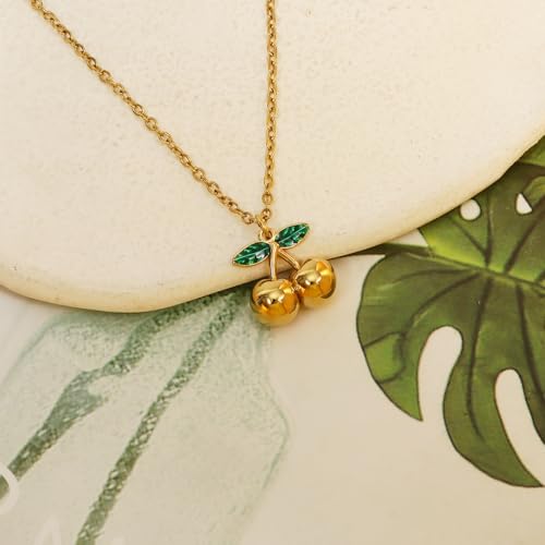Elegant 18K Gold Cherry Pendant Necklace with Green Enamel Leaves Fashion Statement Accessories