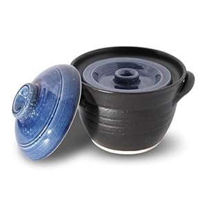 Banko-ware Donabe Japanese Earthenware Rice Pot with Double-Lid Technology – Elegant Jet-Black & Blue Design – Ensures Fluffy Rice Every Time – Includes English Manual – Made in Japan (1-2 per)