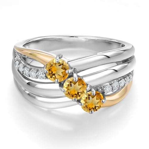 Gem Stone King 925 Silver and 10K Yellow Gold Yellow Citrine and Lab Grown Diamond Engagement Ring for Women | 0.92 Cttw | Round 4MM | Gemstone November Birthstone | Available in Size 5,6,7,8,93