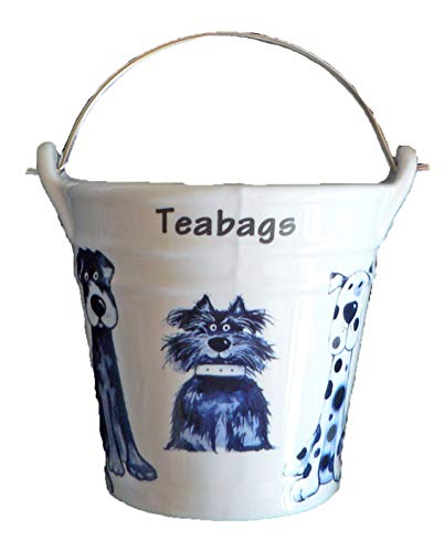 Dogs (Blue Dogs) Design Bucket Teabag Tidy, Porcelain Bucket Teabag Tidy