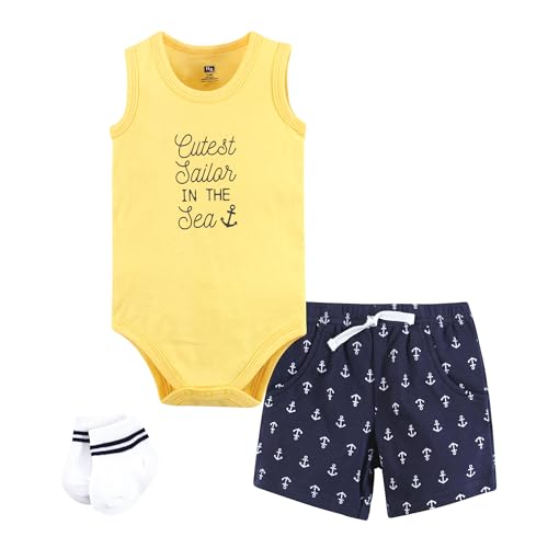 Image of Hudson Baby Unisex Baby Bodysuit, Short and Sock, 3-Piece Set