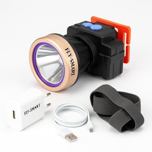 Image of Flysmart Rechargeable LED Head Torch - Super Bright, Waterproof, 3 Light Modes, Long-Range Beam, 90 Adjustable, 8H Battery, Charger Included Ideal for Outdoor, Camping, Hiking, Night Work