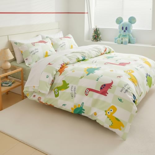Image of Filymore Kids Double Bedsheet with 2 Pillow Covers - Cartoon Dinosaur Theme, 240 TC Soft Microfiber Bed Sheet for Double Bed (90x90 Inches), Breathable & Skin-Friendly Kids Bedding Set, Green & White