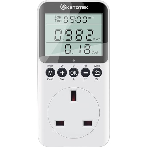 KETOTEK Power Meter Electricity Usage Monitor Plug for Home Energy Monitor with LCD Display KWH Watt Voltage Amps Power Consumption Meter 2900W/13A Overload Protection
