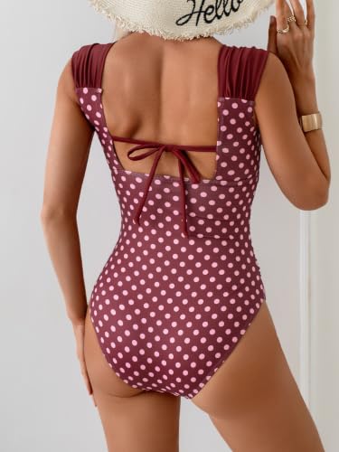 Image of B2prity Women's One Piece Swimsuit Tummy Control Full Coverage Bathing Suit | Retro Square Neck,Ruched Details,Wide Straps,Tie-Back,Modest