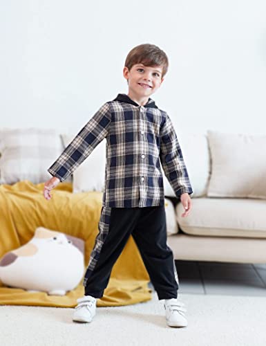 Image of Fuermos Toddler Baby Boys Clothes Flannel Lattice Button Down Hooded Tops +Pants Boys Fall Winter Outfits