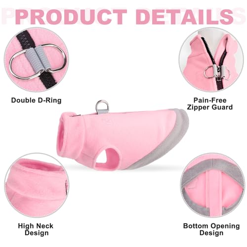 Image of Mihachi Dog Fleece Vest Sweater Zip Up Warm Pullover Step-in Dog Jacket with Dual D-Ring Leash, Winter Cold Weather Reflective Coat Clothes Hoodie for Small Medium Dogs Puppy Cat Boy Girl, Pink XL