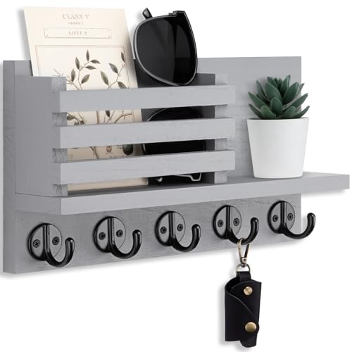 Image of Lwenki Key Holder for Wall – Decorative Wooden Mail Holder and Key Shelf with Mounting Hardware, Installation Guide – Paulownia Wood with 5 Metal Key Hooks (11.8” x 6.7” x 2.8”)