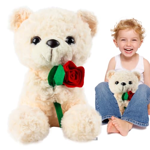 JWTRSVTY Osito De Peluche Rose, Oso De Peluche Con Rosa, 25 CM Blanco Osito Peluche, Suave Osito De Felpa, Regalo De San Valentín para Novia, para Regalo De San Valentín, Bodas, Cumpleaños (Blanco)