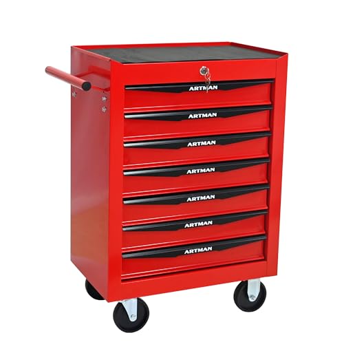 Thetilsy Rolling Tool Chest Cart with 7 Drawers,Storage Tool Cabinet on 4 Wheels. Lockable Tool Cart with Drawer Liners.Steel Tool Box Organizer for Garage,Repair Workshop-Red