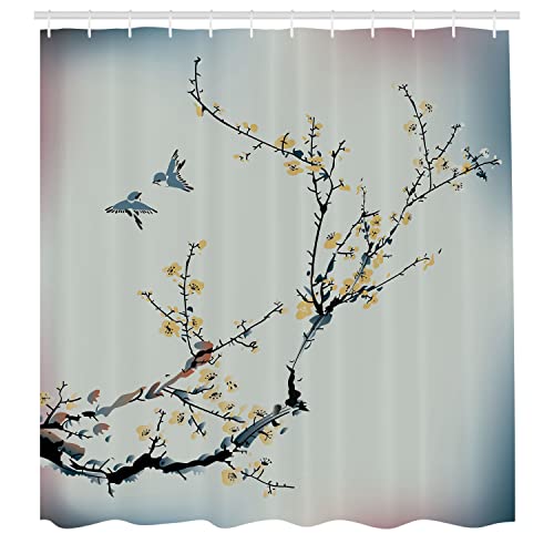 Ambesonne Nature Shower Curtain, Floral Buds Birds with Cherry Branches Style Artwork Painting Effect, Cloth Fabric Set Farm House Hotel Quality Decor for Master Bathroom, 69