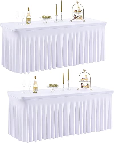 NSSONBEN Lot de 2 nappes en élasthanne Blanche pour Tables rectangulaires de 180 cm, infroissables, Extensibles avec Jupe pour Banquet, fête, Mariage, Anniversaire,...