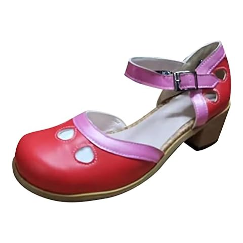 2025 Upgrade Women's Mid Block Heels Mary Jane Ankle Strap Court Shoes - Color Block Chunky Platform Sandals - Comfort Pumps Low Heeled Strappy Slip On Princess Shoes Red Cover