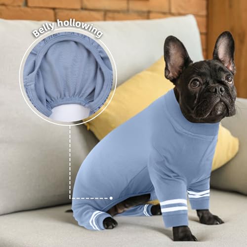 Katzinst Hunde Body,Hundekleidung Kleine Hunde,Kragen und Bündchen aus Rippstrick, Weich Atmungsaktiv Warmer Hundepyjama für Alle Jahreszeiten,Weißer Hundebody mit Doppelten Streifen,Haze-Blau M