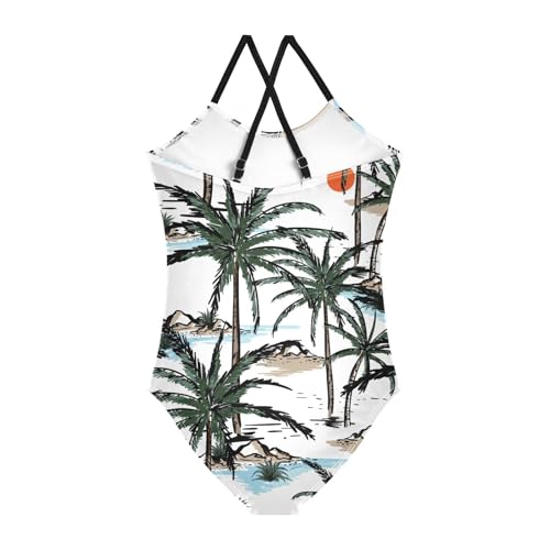 Girls One Piece Swimsuits Beach and Palm Trees Pattern Sport Halter Swimwear Beach Bathing Suit, 3T2